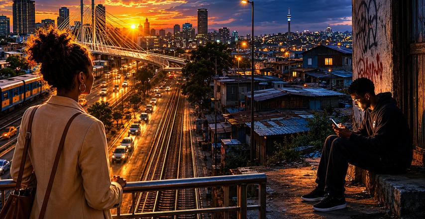 Woman standing at a railing overlooking a city with a bridge and sunset glow; a man sits nearby on a ledge using his phone.