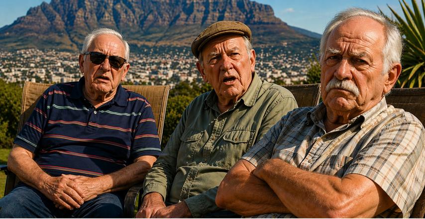 Three older men sit on patio chairs outdoors, with mountains and a town in the distance under a sunny sky.