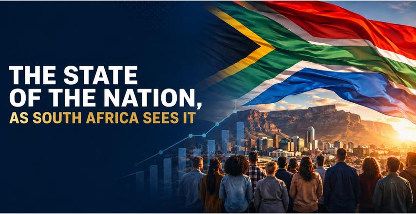 Promotional banner with the South African flag over a city skyline and mountains; title reads 'The State of the Nation, as South Africa sees it'.