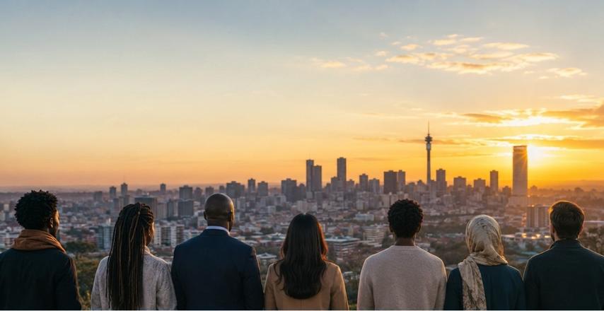 Six diverse people stand together on a hill, looking toward a sunset city skyline.
