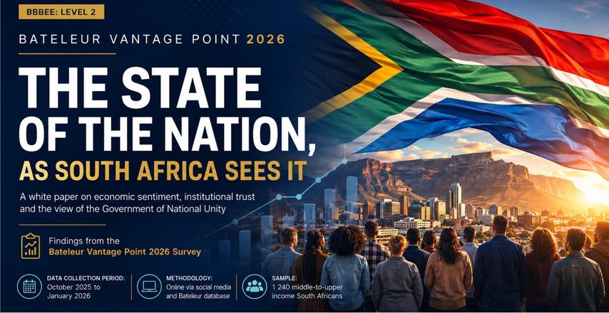 Cover image for a report: large title 'THE STATE OF THE NATION, AS SOUTH AFRICA SEES IT' with flags, skyline, and a crowd seen from behind.