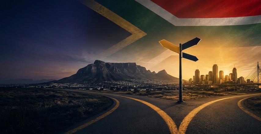 South Africa flag over a desert road junction with Table Mountain and a Cape Town skyline at sunset