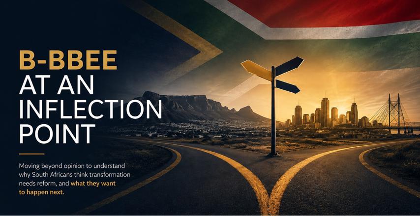 Headline 'B-BBEE at an Inflection Point' over a forked road toward a sunlit city skyline with a South African flag overhead.