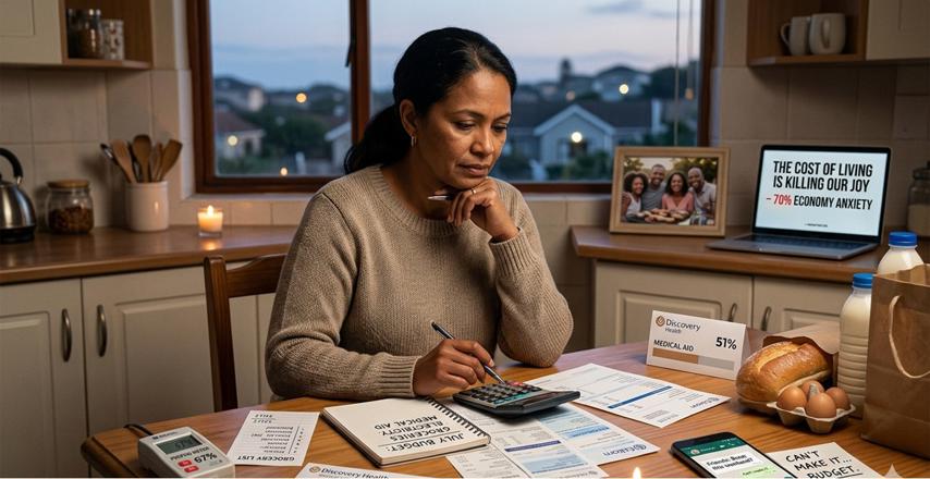 A woman sits at a kitchen table budgeting with a calculator and papers scattered around, looking stressed as she writes.