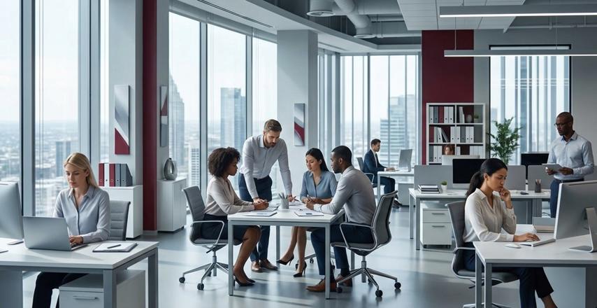 Team of professionals collaborating around a white table in a bright open-plan office environment.