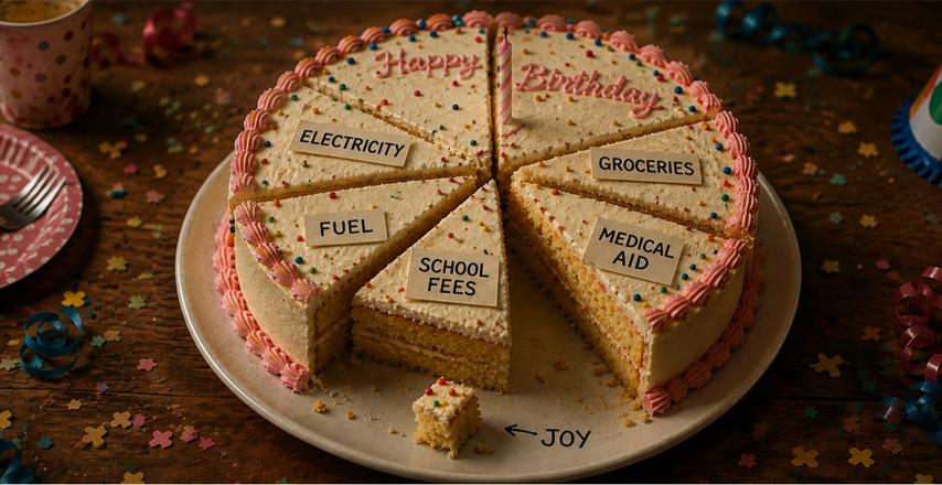Birthday cake on a wooden table with six labeled slices: Electricity, Groceries, Fuel, Medical Aid, School Fees, and a small Joy piece on the plate.