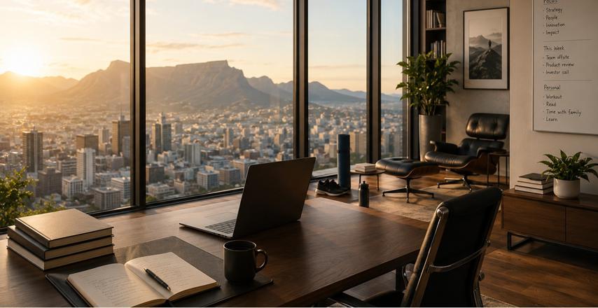 Sunlit high-rise office with a wooden desk, laptop, notebook, mug and stacked books, overlooking a city and mountains at sunset.