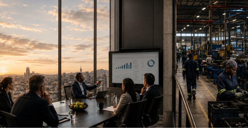 Executive team in a glass-walled conference room with a sunset city view, reviewing charts on a screen while an active factory floor is visible nearby.