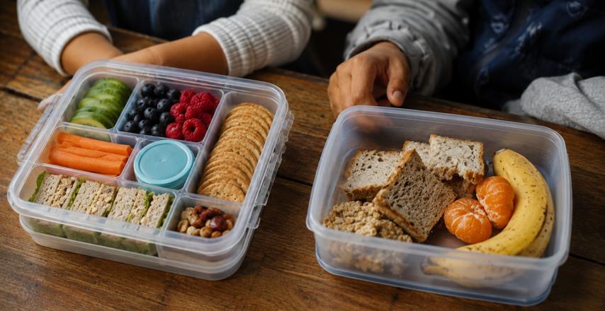 Two plastic lunchboxes on a wooden table filled with sandwiches, crackers, cucumber, carrots, berries, nuts, and a blue container, with hands nearby.